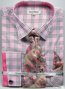 Pink Color Daniel Ellissa Graph Checker French Cuff  Set Black/Fuchsia ~ fuschia Men's Dress Shirt