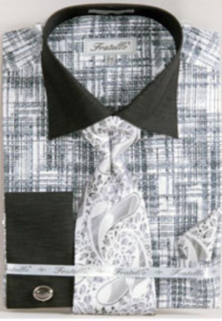 Fratello Tone On Tone French Cuff Set Black/White Men'S Dress Shirt