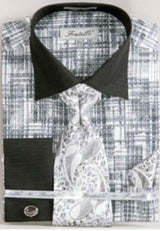 Fratello Tone On Tone French Cuff Set Black/White Men'S Dress Shirt