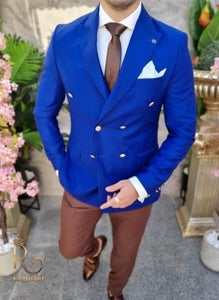 Mens Blazer - Deep Blue Velvet Fabric - Double Breasted Blazer