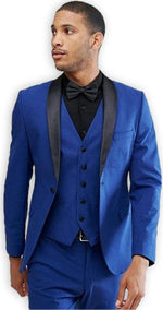 Men's Blue 1 Button Shawl Lapel  Slim Fit Vested Suit
