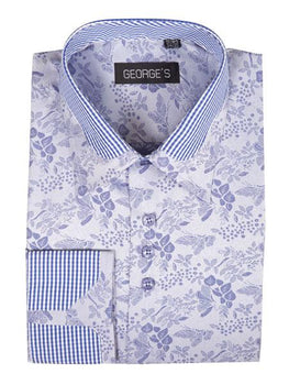 Men's Blue Floral Pattern Cotton Blend Classic Fit Standard Cuff Shirt