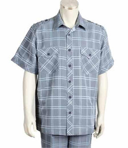 Men's 2 Piece Windowpane Blue Collar Casual Two Piece Walking Outfit For Sale Pant Sets Suit