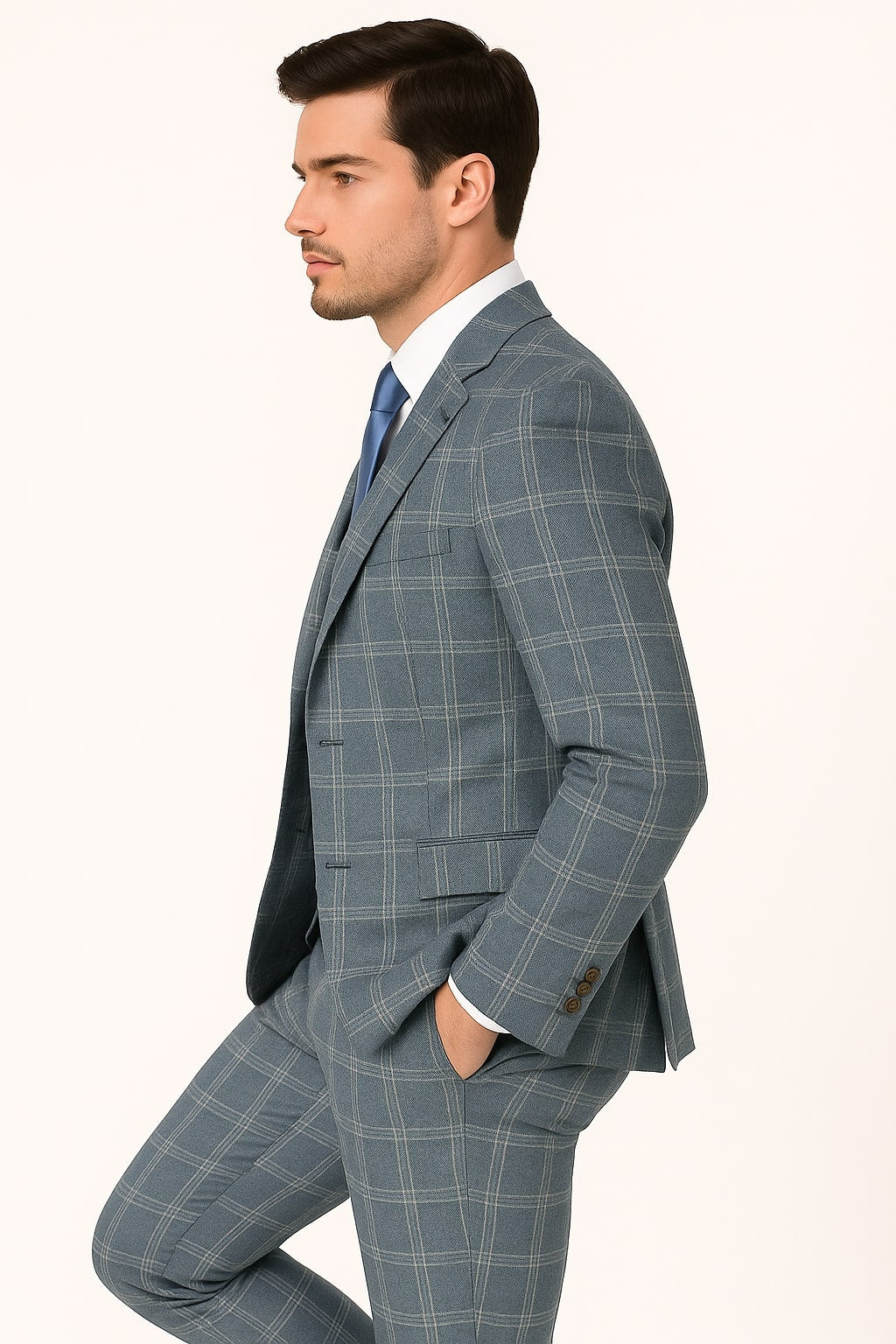 Mens Blue Windowpane Checkered Slim Fit Suit – 3 Piece Stretch Business Suit - Image 2