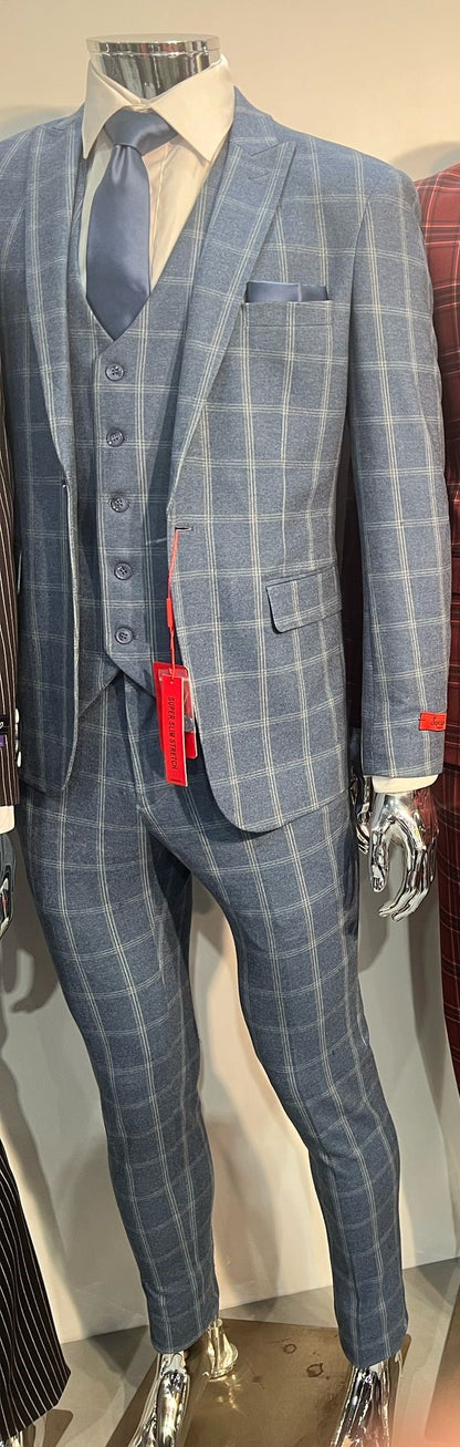 Mens Blue Windowpane Checkered Slim Fit Suit – 3 Piece Stretch Business Suit - Image 4