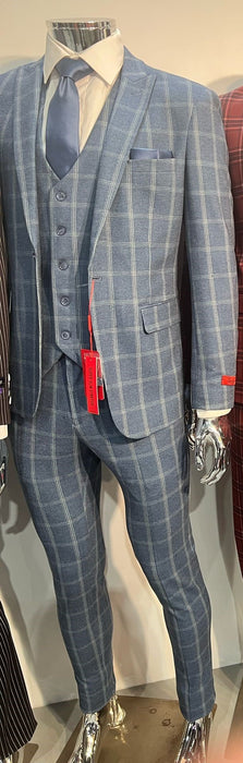 Mens Blue Windowpane Checkered Slim Fit Suit – 3 Piece Stretch Business Suit