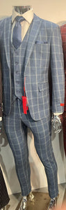 Mens Blue Windowpane Checkered Slim Fit Suit – 3 Piece Stretch Business Suit