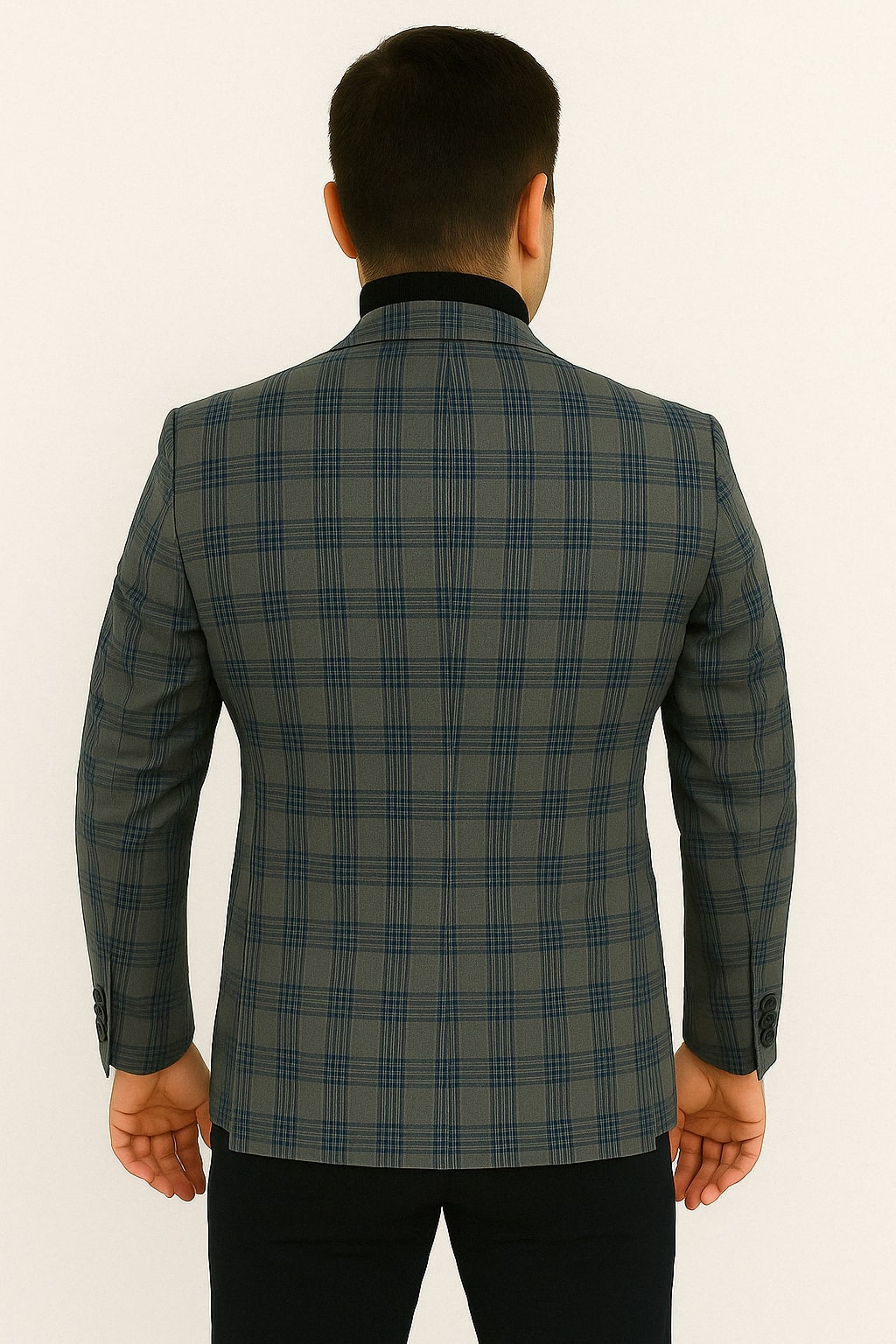 Mens Blue and Grey Windowpane Plaid Blazer –  Casual Sport Coat - Image 3