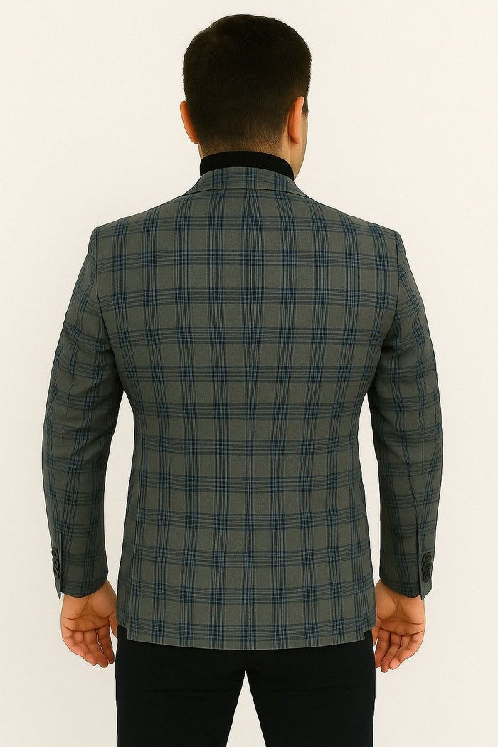 Mens Blue and Grey Windowpane Plaid Blazer –  Casual Sport Coat - Image 3