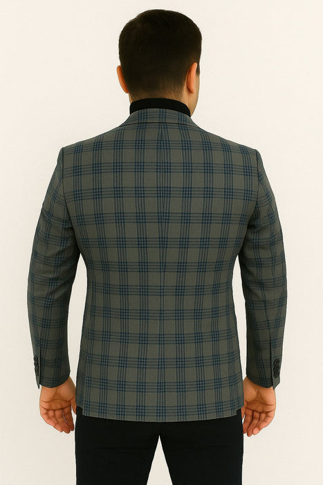 Mens Blue and Grey Windowpane Plaid Blazer –  Casual Sport Coat