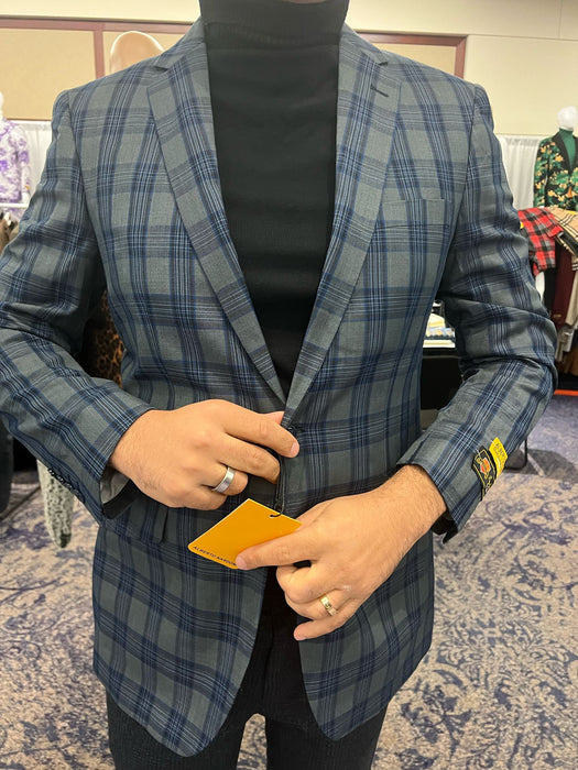 Mens Blue and Grey Windowpane Plaid Blazer –  Casual Sport Coat