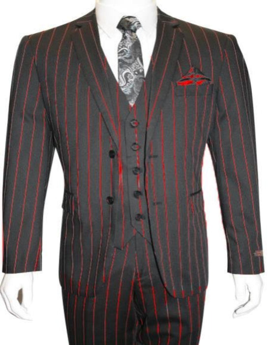 Men's Bold Gangster 1920s Vintage Gangster Bold Stripe 2 Buttons Vested Suits Black