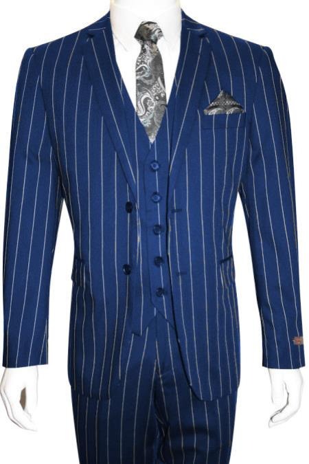 Men's Bold Gangster 1920s Vintage Navy Blue ~ White Gangster Bold Stripe 2 Buttons Vested Dress Suits for Men