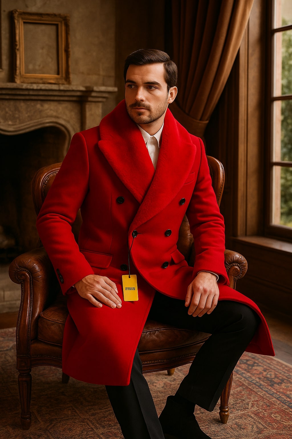 Mens Double Breasted Red Overcoat with Bold Red Faux Fur Collar – Alberto Nardoni Luxury Winter Coat - Image 3