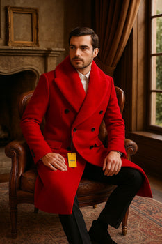 Mens Double Breasted Red Overcoat with Bold Red Faux Fur Collar – Alberto Nardoni Luxury Winter Coat - Image 3