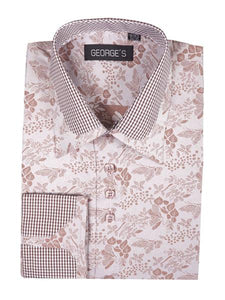 Men's Brown Cotton Blend Classic Fit Floral Pattern Standard Cuff Shirt