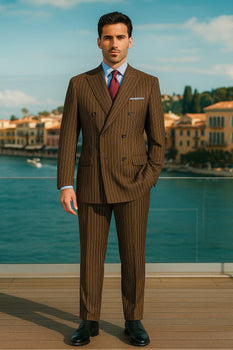 Mens Brown Pinstripe Double-Breasted Suit – Classic 6-Button Business and Vintage Style - Image 5