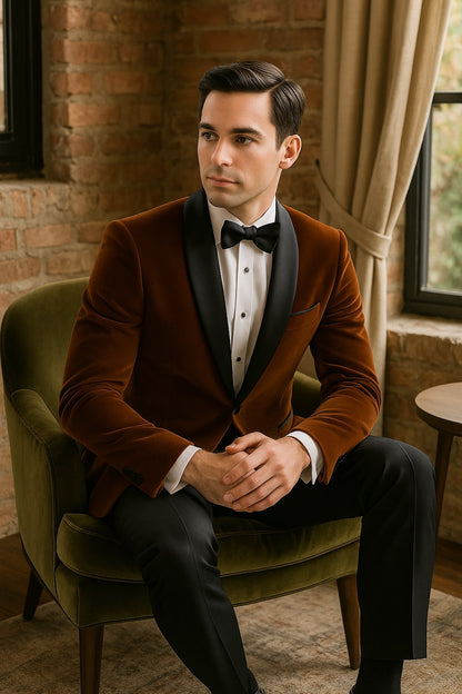Mens Brown Velvet Tuxedo with Black Satin Shawl Lapel – One Button Formal Suit Jacket - Image 2