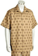 Men's Short Sleeve 2 piece Casual Mens Walking Suit Tan Checker