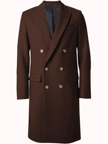 Men's Brown Wool Fabric Double breasted Overcoat  44 inch full length Topcoat