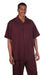 Leisure Casual Two Piece Mens Walking Outfit For Sale Pant Sets Suit Shirt & Pleated Pants Solid Burgundy ~ Wine ~ Maroon Color Short Sleeve Casual Sets