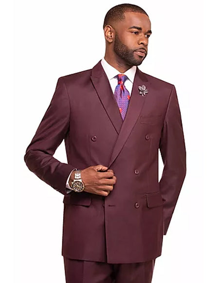 Men's Burgundy Double Breasted 2 Button Vitali Brand Flat Front Pants Regular Fit Side Vented Suit