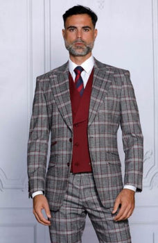 Mens Burgundy Plaid Peak Lapels Suit Tailor Fit