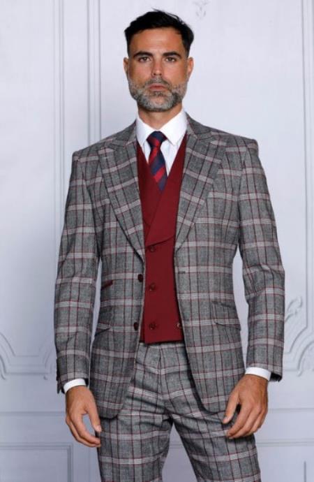 Mens Burgundy Plaid Peak Lapels Suit Tailor Fit
