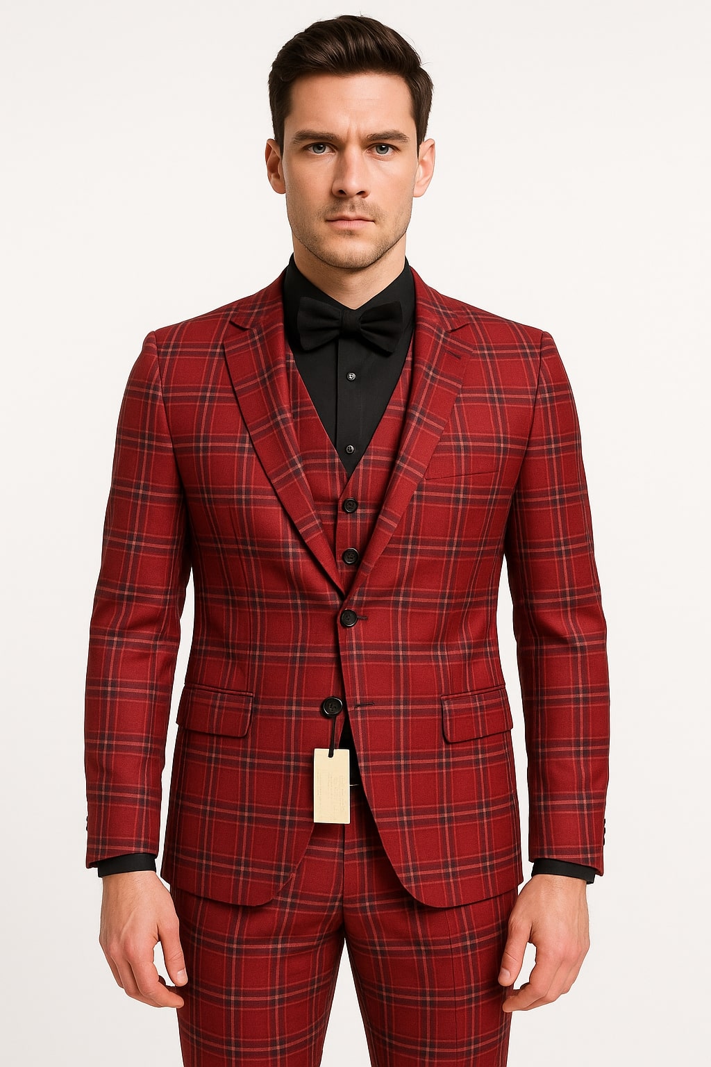 Mens Burgundy Plaid Three-Piece Suit – Ultra Slim Fit Checkered Windowpane Redish 544-10 Burgundy / 36 Regular Jacket+30 Waist Adjustable 26to32)