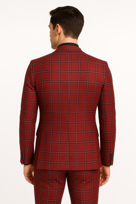 Mens Burgundy Plaid Three-Piece Suit – Ultra Slim Fit Checkered Windowpane Redish 544-10