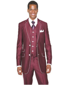 Slim Style   Milano Suits by Milano Moda Men's Burgundy ~ Wine ~ Maroon Suit  Shiny Flashy 3 Piece Burgundy Men's Sharkskin Suit
