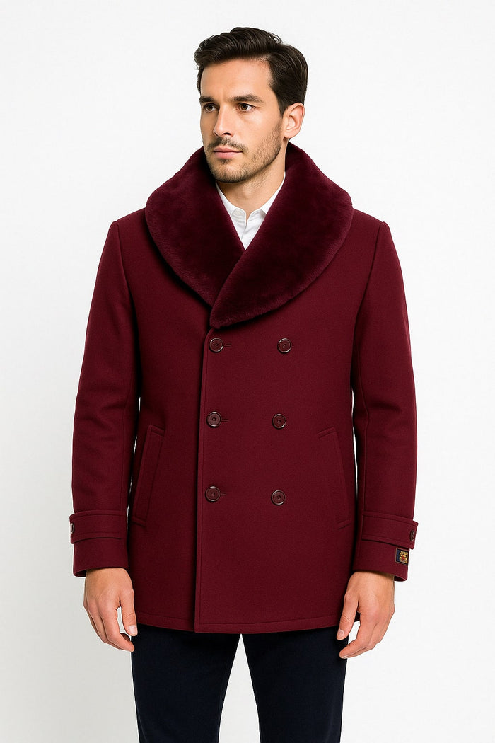 Mens Burgundy Double-Breasted Overcoat with Faux Fur Shawl Collar – Slim Fit Peacoat - Alberto Nardoni Signature