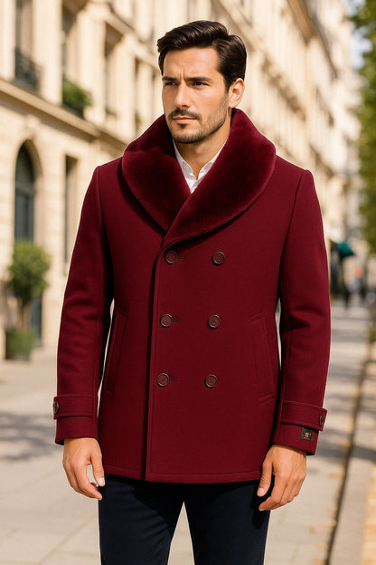 Mens Burgundy Double-Breasted Overcoat with Faux Fur Shawl Collar – Slim Fit Peacoat - Alberto Nardoni Signature - Image 3