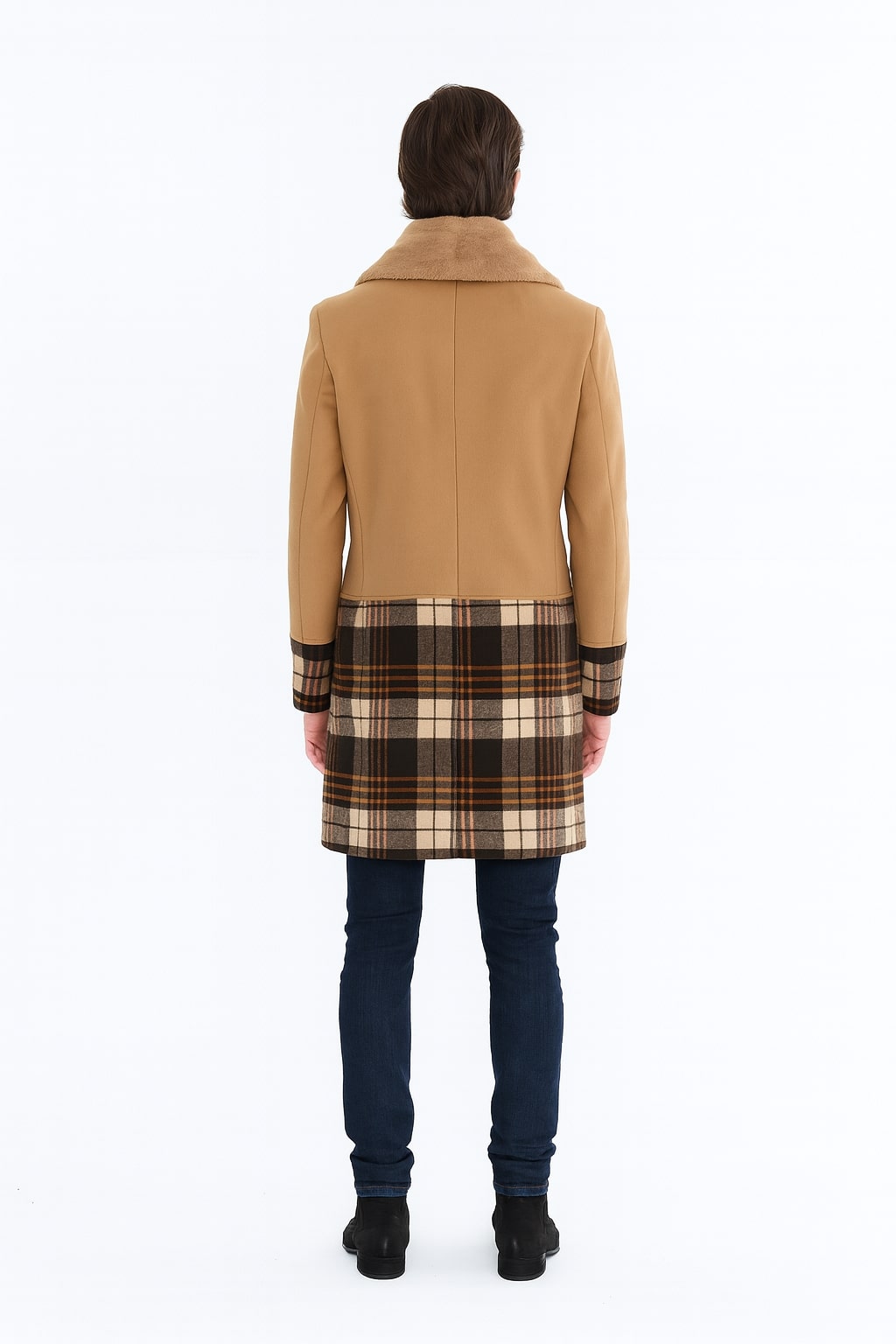 Mens Camel Brown Shawl Collar Overcoat with Plaid Wool Bottom – Double-Breasted Winter Topcoat With Fur Collar - Image 2