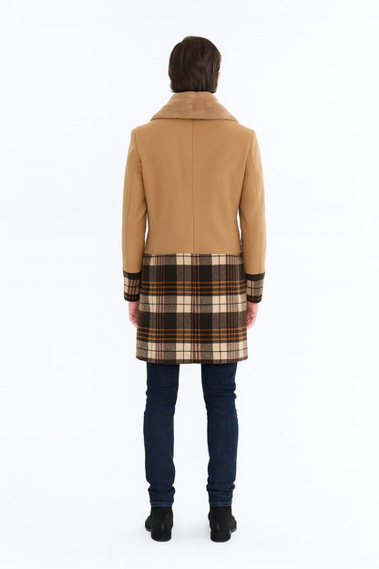 Mens Camel Brown Shawl Collar Overcoat with Plaid Wool Bottom – Double-Breasted Winter Topcoat With Fur Collar - Image 2