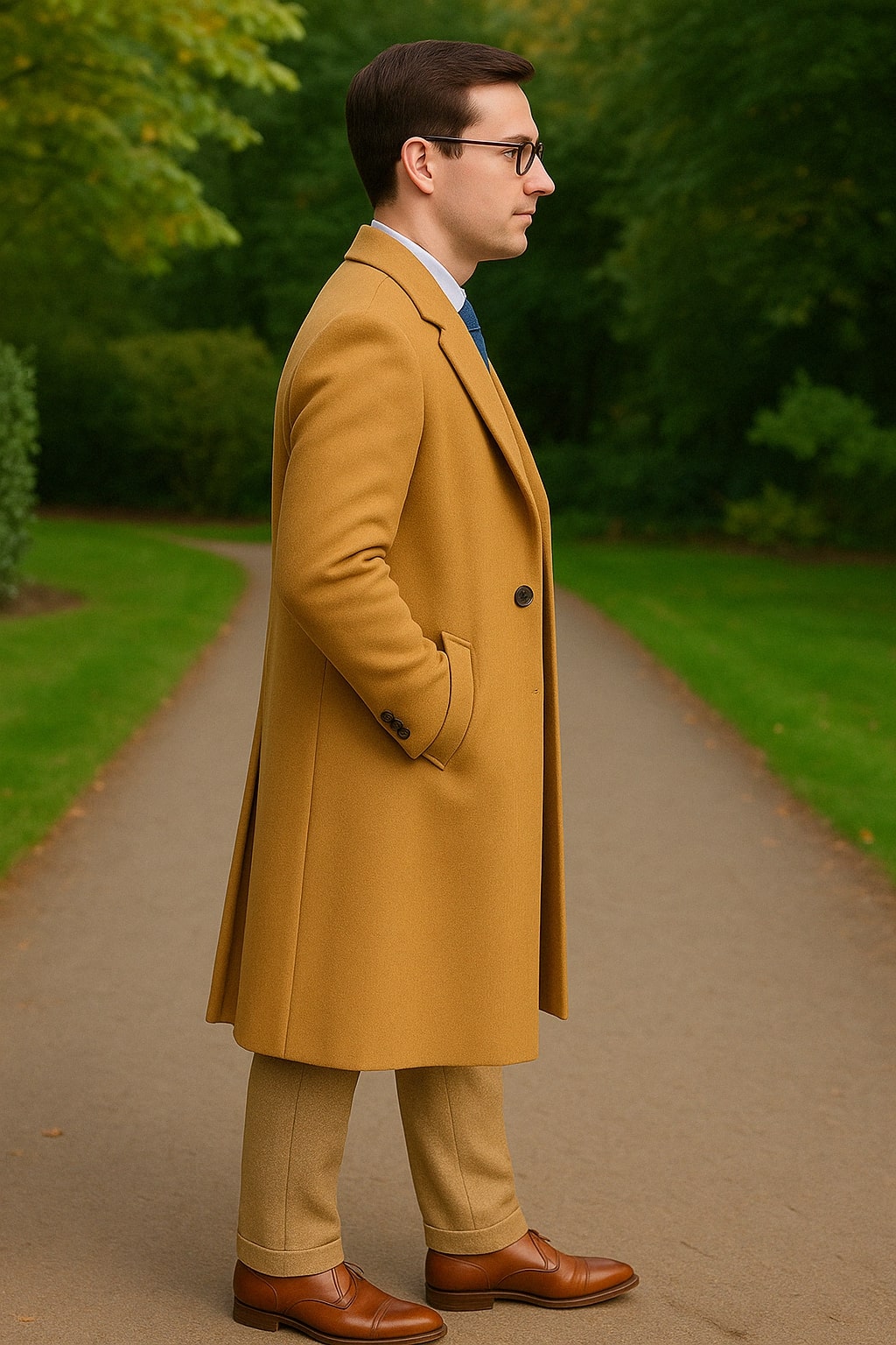 Great Gatsby Package -  Mens Camel Overcoat with Beige Tweed 3-Piece Suit Combo 4 Items Formal Winter Outfit - Image 2