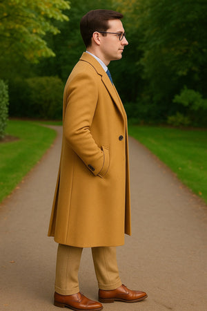 Great Gatsby Package -  Mens Camel Overcoat with Beige Tweed 3-Piece Suit Combo 4 Items Formal Winter Outfit - Image 2