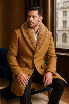 Mens Camel Overcoat with Light Faux Fur Collar – Single-Breasted Wool Dress Coat - Image 3