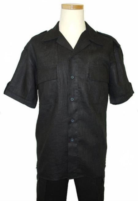 Mens Linen Suit - Dual pleated pants with four outside pockets Summer Casual Two Piece Mens Walking Outfit For Sale Pant Sets Casual Suit Short sleeve Shirt + Pants Solid Black