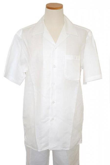 Mens Linen Suit - Dual Vents 5-Buttons Summer Casual Two Piece Mens Walking Outfit For Sale Pant Sets Casual Suit Short Sleeve Shirt + Pants White All White Outfits For Men