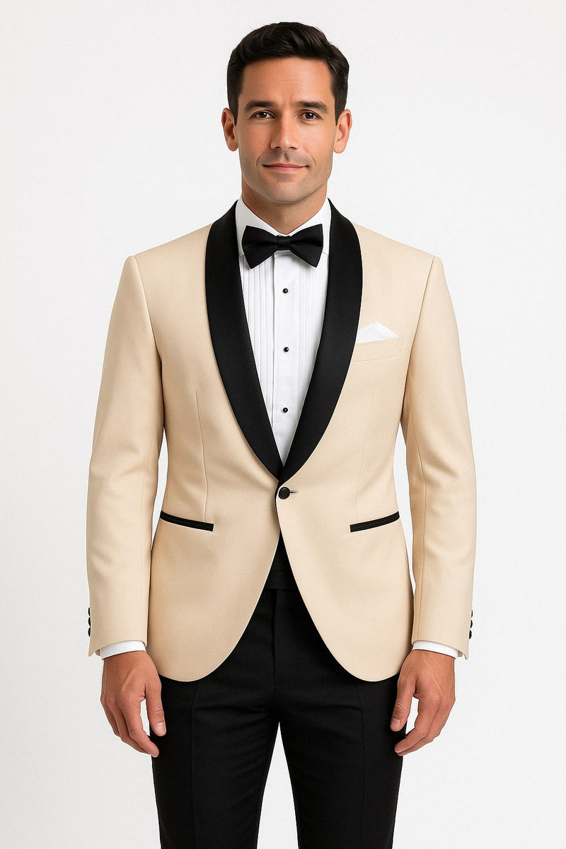 black and tan dress Mens Champagne Light Tan Tuxedo Jacket with Black Shawl Lapel – Classic One-Button Formal Dinner Jacket