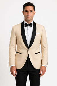 Mens Champagne Light Tan Tuxedo Jacket with Black Shawl Lapel – Classic One-Button Formal Dinner Jacket - Nude Color