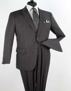 Men'S 2 Piece 100% Executive Suit - Charcoal With Silver Stripe ~ Pinstripe - 100% Percent Wool Fabric Suit - Worsted Wool Business Suit