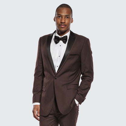 Mens Chocolate Brown Tuxedo with Black Satin Peak Lapel – Formal Wedding and Prom Suit - Image 4
