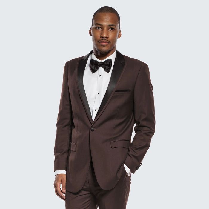 Mens Chocolate Brown Tuxedo with Black Satin Peak Lapel – Formal Wedding and Prom Suit - Image 4