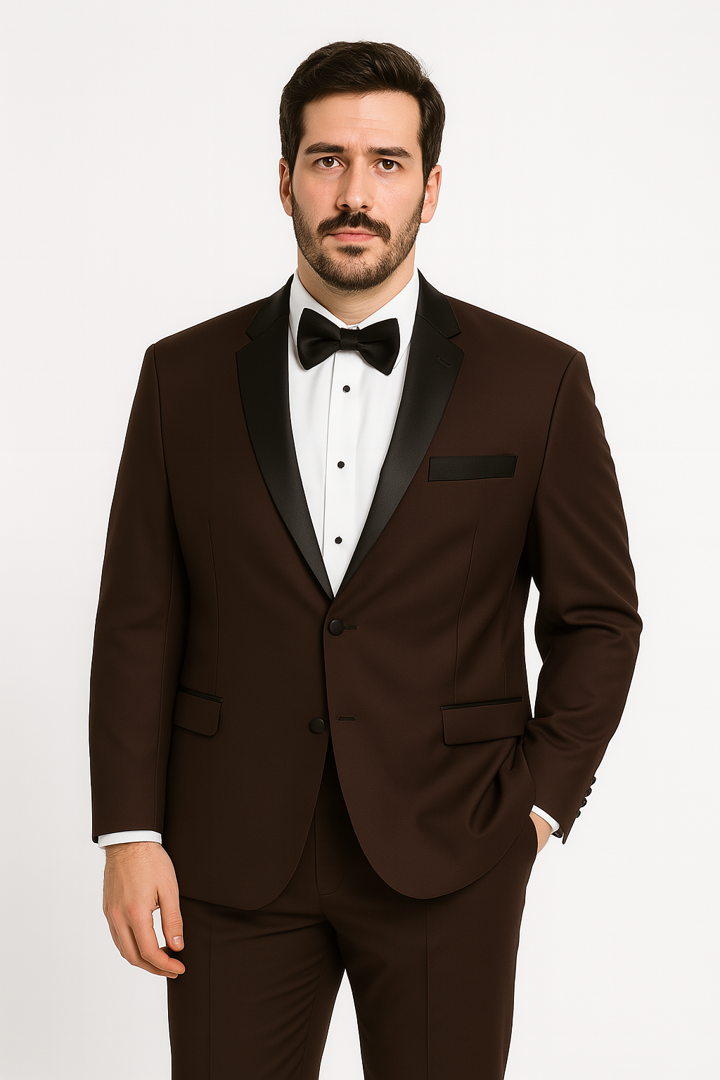 Mens Chocolate Brown Tuxedo with Black Satin Peak Lapel – Formal Wedding and Prom Suit Brown / 56 Regular Jacket+50 Waist Adjust 46to52)Height: 5'7
