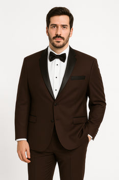 Mens Chocolate Brown Tuxedo with Black Satin Peak Lapel – Formal Wedding and Prom Suit