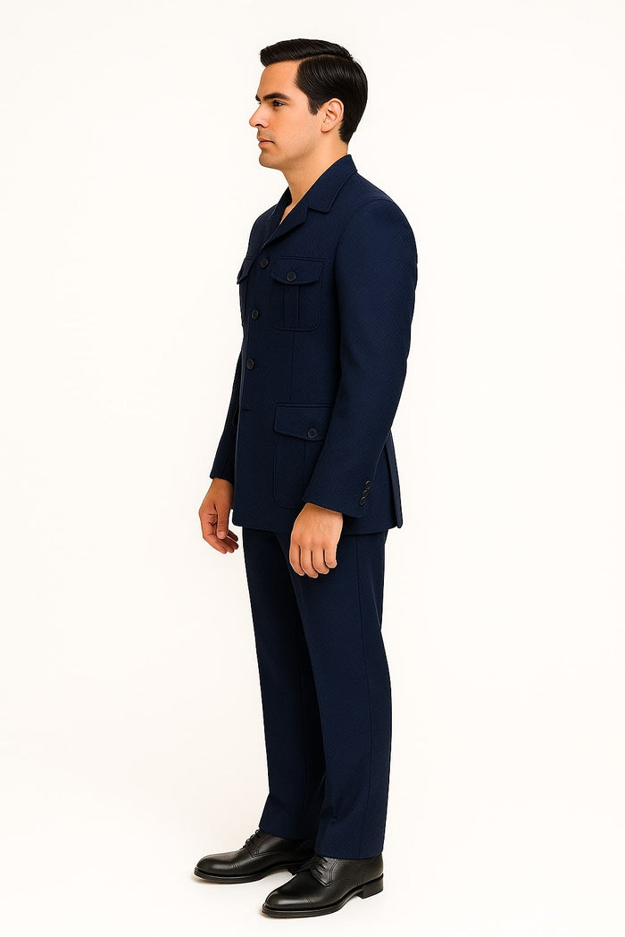 Mens Classic Navy Safari Suit with Utility Jacket and Coordinated Trousers - Image 3