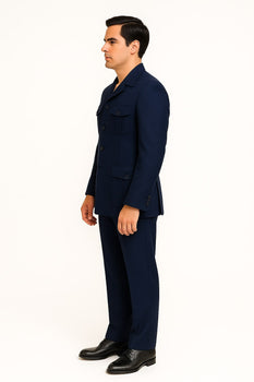 Mens Classic Navy Safari Suit with Utility Jacket and Coordinated Trousers - Image 3