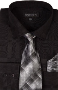 Men's Cotton Geometric Pattern Tie and Handkerchief Black Men's Dress Shirt
